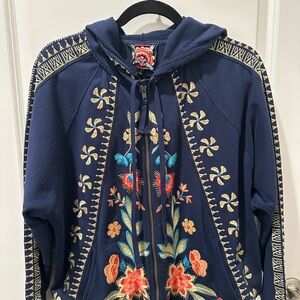 Johnny Was Blue Embroidered Floral Bomber Jacket